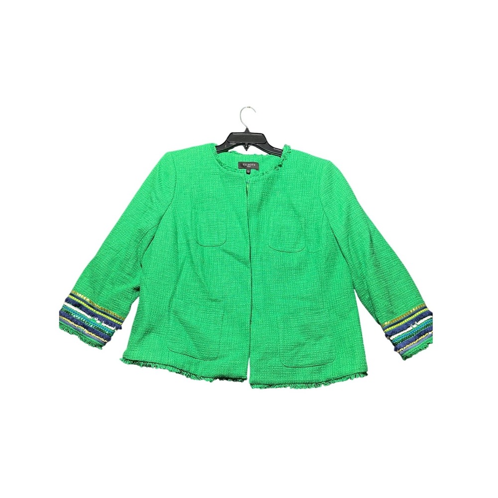 Talbots Tweed Jacket Women 14W Green Sequin Fringe Trim Open Front CA 23147